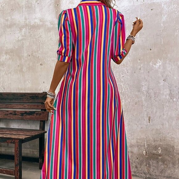 Multicolor Casual Women's Vacation Colorful Striped Front Buttoned Maxi Dress - Picture 2 of 7